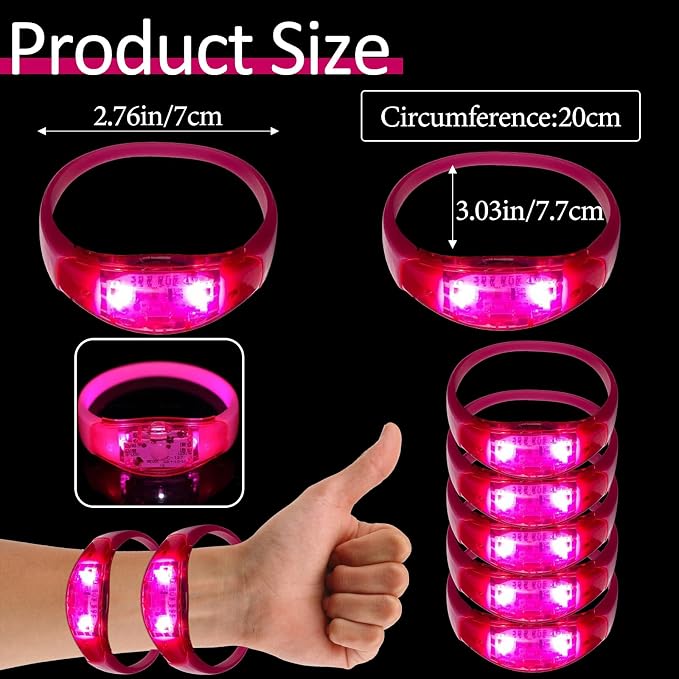 24 Pcs LED Glow Bracelets Sound Activated Bracelet Glow Bracelets with Flashing LED Strobe for Carnival,Concerts , Night Events, Rave, Game Prizes, Birthday Party Favor (pink