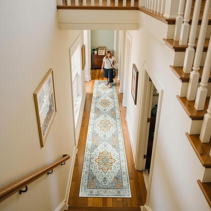 RELEANY Area Rugs Runner 2'x10' Washable Non-Slip, Floral Vintage Distress Medallion Carpet for Kitchen Hallway Bedroom Beside Laundry Room Bathroom, Beige Carbon Grey Orange