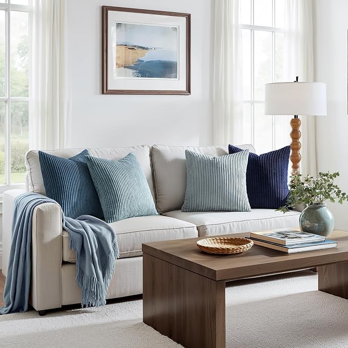 EMEMA Coastal Blue Decorative Throw Pillow Covers 18x18 Inch Set of 4 Boho Farmhouse Corduroy Striped Square Pillow Case,Western Modern Cushion Covers for Couch Bed Livingroom Home Decor