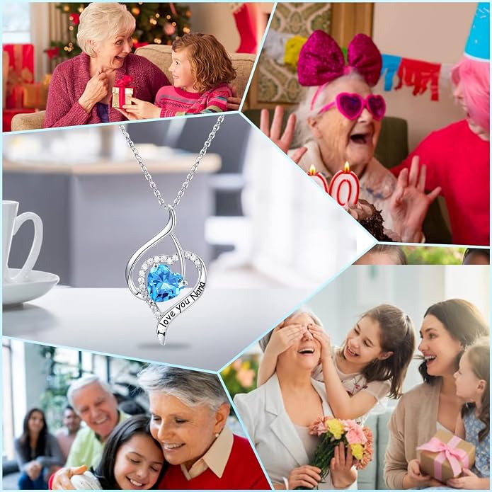 Nana Gifts Sterling Silver Heart Birthstone Necklaces, I Love You Nana Gifts for Mothers, Grandma