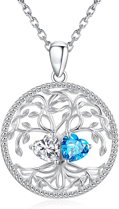 Mothers Day Gifts for Women，925 Sterling Silver Family Tree of Life Pendant Necklaces with 2 Heart Birthstone Jewelry Birthday Anniversary Christmas Gifts for Her Girlfriend Mom Wife Grandma Daughter