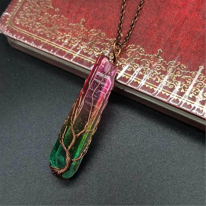 Wire Wrapped Tree of Life Natural Quartz Crystal Pendant Necklace Handmade Pointed Chakra Gemstone Reiki Stone Necklace for Women Men Gift Yoga Meditation Jewelry