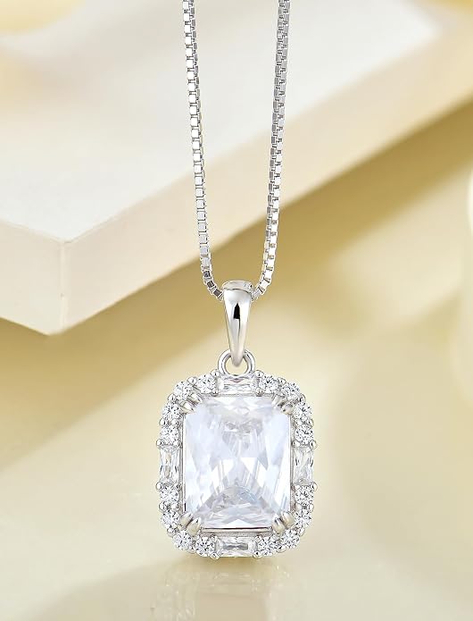 Princess Cut Necklaces for Women, 925 Sterling Silver Emerald Cut Birthstone Pendant Necklace Halo Square Rectangle Jewelry Gifts for Her