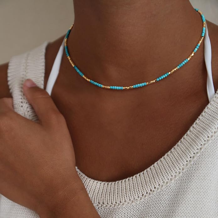 MYEARS Women Beaded Choker Necklace Gemstone 14K Gold Plated Simple Dainty Handmade Chain Everyday Trendy Jewelry