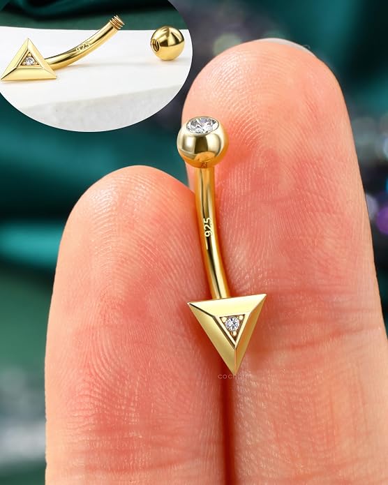 COCHARM 14K Gold Plated925 Sterling Silver Belly Button Ring Gold Filled Triangle Belly Navel Ring Cute 14g Unique Belly Piercing Jewelry For Women Men Mini Belly Bar Nickel Free