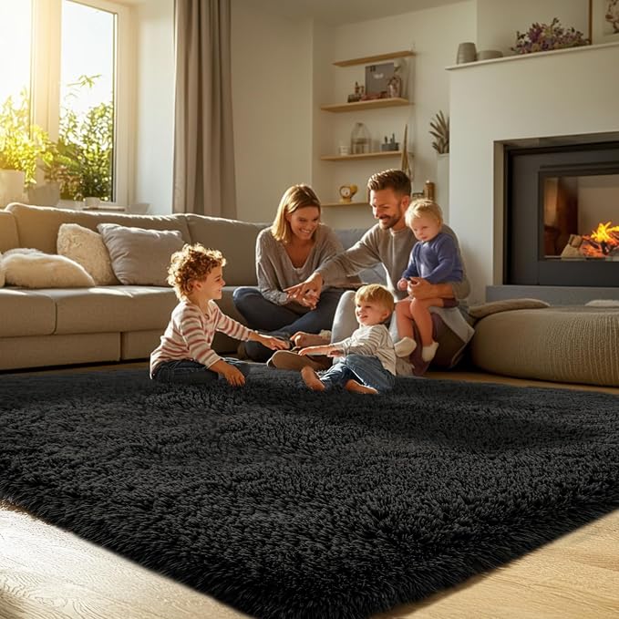Black Shag Area Rug 9x12 Bedroom: Large Soft Shag Plush Rugs for Living Room Bedroom- Non-Slip Modern Shaggy Fluffy Rugs- Plush Indoor Floor Carpets, Black, 9x12 Feet