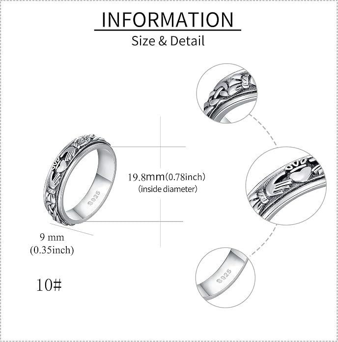 Fidget Spinner Rings 925 Sterling Silver Claddagh Celtic Knot/Moon Star Anxiety Ring Irish Claddagh Jewelry Gifts for Women Girls Men