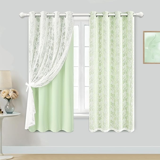 Yinhua Double Layer Blackout Curtains for Bedroom Green Curtains for Living Room 63 Inch Length 2 Panels Set Kid Curtain with Tiebacks, Grommet Drapes with Floral Sheer Overlay, 52" W x 63" L