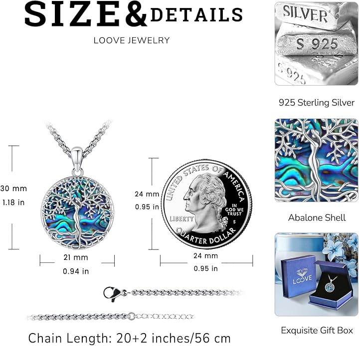 Sterling Silver Tree of Life Necklace for Women Oval Family Tree Necklace Abalone Shell Moonstone Pendant Mother Day Necklace for Mom Tree of Life Jewelry