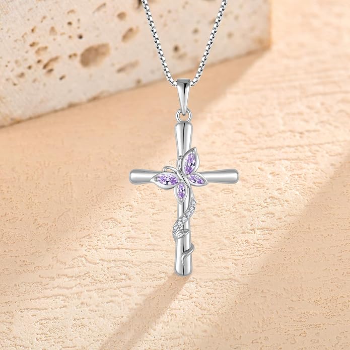 Cross Necklace for Women 925 Sterling Silver Butterfly Necklace Birthstone Pendant Created Gemstone Jewelry Gifts for Women