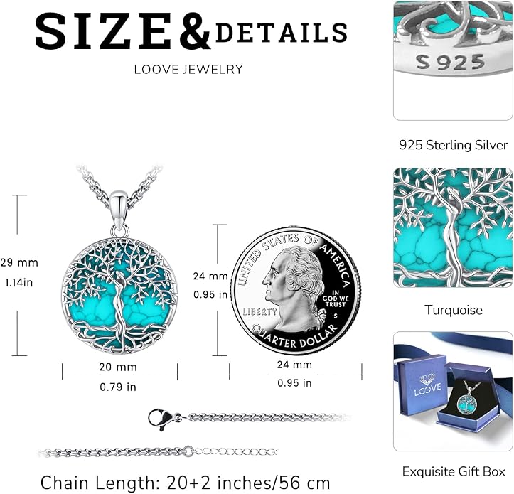 Jewelry Gifts - Tree of Life Necklace Sterling Silver Abalone Shell/Opal/Moonstone/Black Onyx/Turquoise/Malachite/Crystal Family Tree of Life Jewelry for Women Men