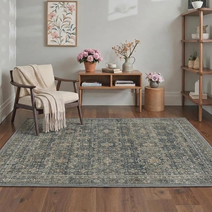 BESBLEE 3X5 Area Rugs Machine Washable Rugs for Living Room, Vintage Boho Large Rugs for Bedroom Dining Room, Non Slip Indoor Soft Distressed Lightweight Thin Low Pile Carpet, Deep