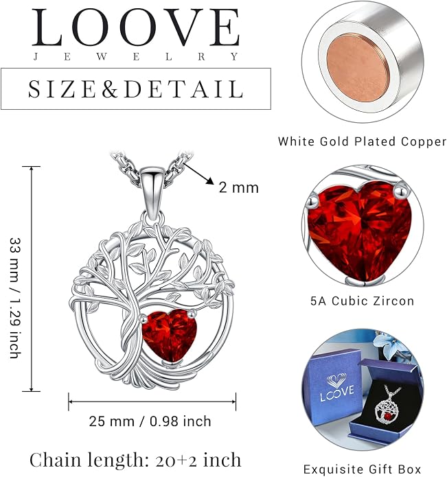 Birthstone Tree of Life Necklace for Women Heart Crystal Pendant Silver Plated Birthday Anniversary Jewelry for Wife, Mom, and Her
