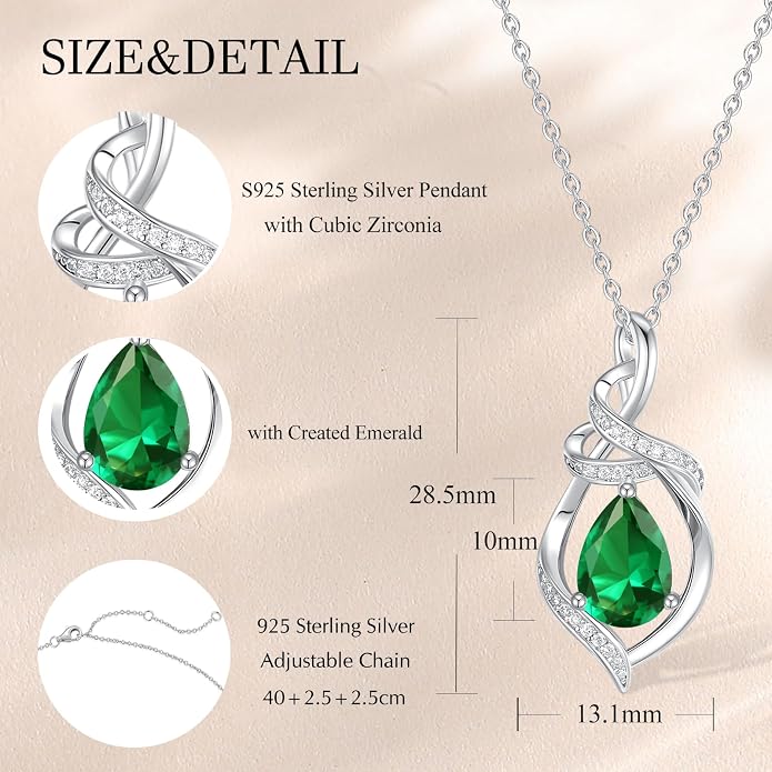 FANCIME Teardrop Birthstone Necklace for Women S925 Sterling Silver Elegant Ribbon Pendent Necklace Birthday Jewelry Gifts for Mom Wife Her, 16"+2" Inches