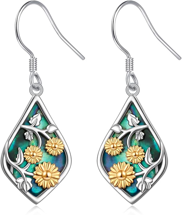 Sunflower Earrings for Women 925 Sterling Silver Dangle Earrings | Hypoallergenic Fishhook, Natural Abalone Shell, 18k Gold Plated Sunflower, Dangle Drop Earrings, Jewelry Gift for Graduation