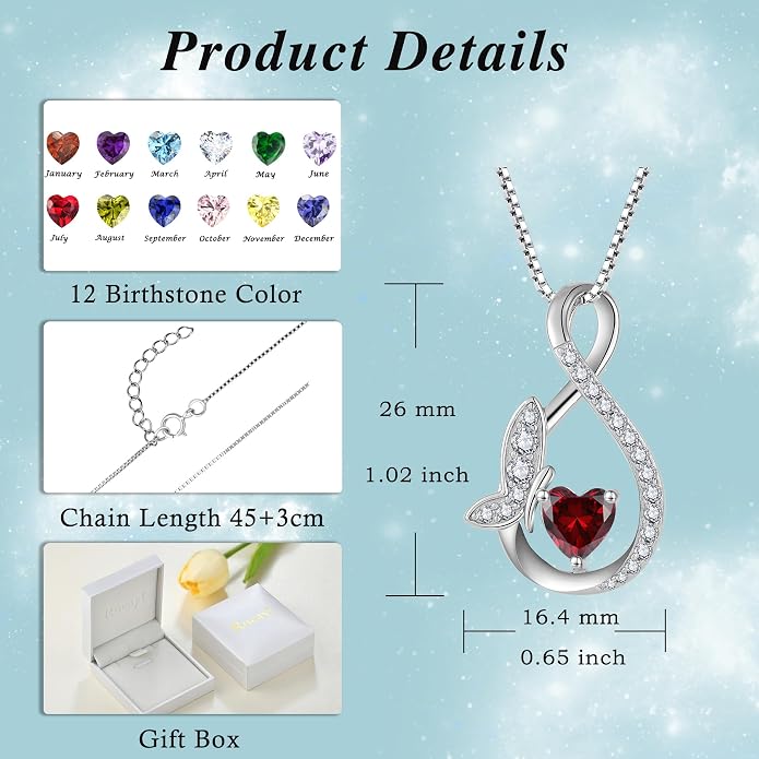 Infinity Butterfly Necklace for Women 925 Sterling Silver Heart Birthstone Created Gemstone Pendant Jewelry Gifts for Women Her