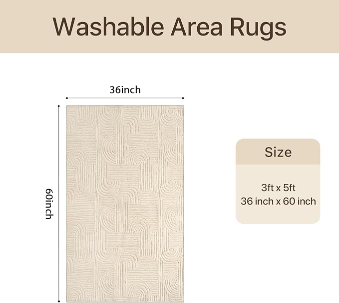 GENIMO Soft Washable Area Rugs 3x5, 3D Modern Arch Design Living Room Rug, High-Low Pile Textured Non Slip Fuzzy Shag Carpet, Non-Shedding Stain Resistant Beige Carpet for Bedroom, Entryway, Nursery