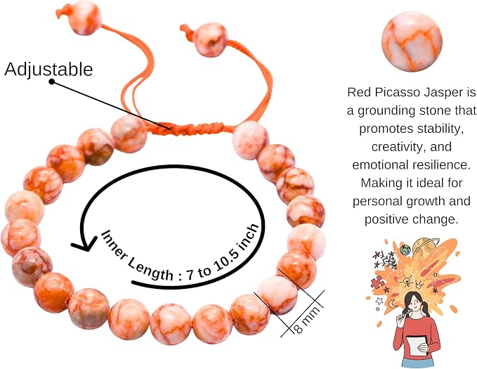 Amazing Gemstone Red Picasso Jasper Bracelet for Women Men's Gifts - Protection Healing Crystal Bracelet - 8mm Gemstone Beaded Adjustable Bracelet Pulseras para Hombres Mujer Stocking Stuffers