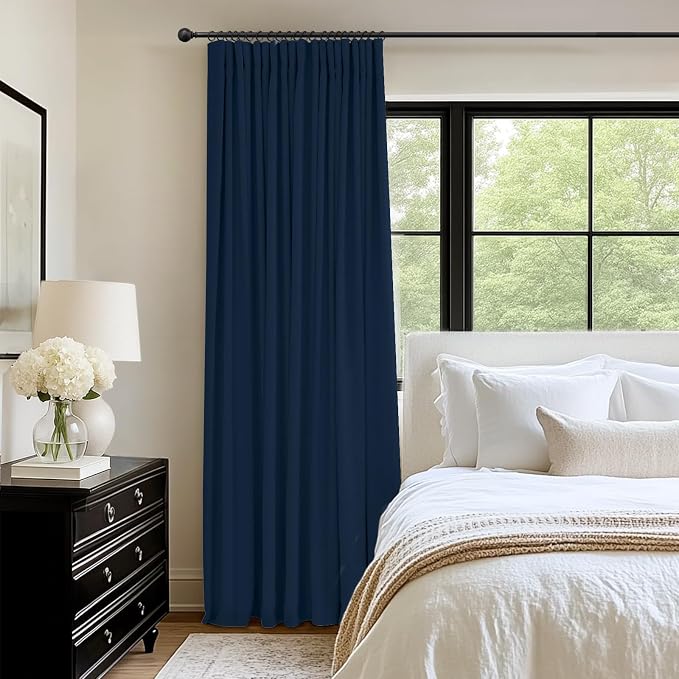 INOVADAY 100% Blackout Curtains for Bedroom, Midnight Blue Black Out Curtains 84 Inch Long, Clip Rings Linen Blackout Drapes, Thermal Insulated Room Darkening for Living Room, 1 Panel - W102xL84
