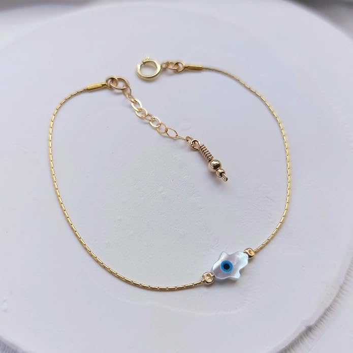 Minimalist Evil Eye Charm Bracelet – Handmade Delicate Good Luck Jewelry for Women – Adjustable 6.5” + 1” Extender