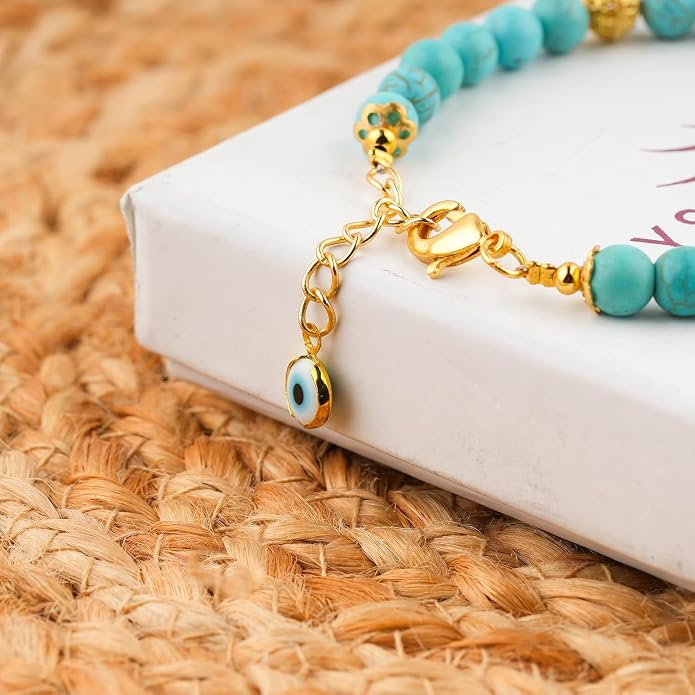 AAA Grade Natural Gemstone Beaded Bracelet, 14K Gold Plated with Evil Charm, Wicca & Reiki Healing Crystals, Handmade Bohemian Jewelry, Christmas Gift for Women (7+1inch)