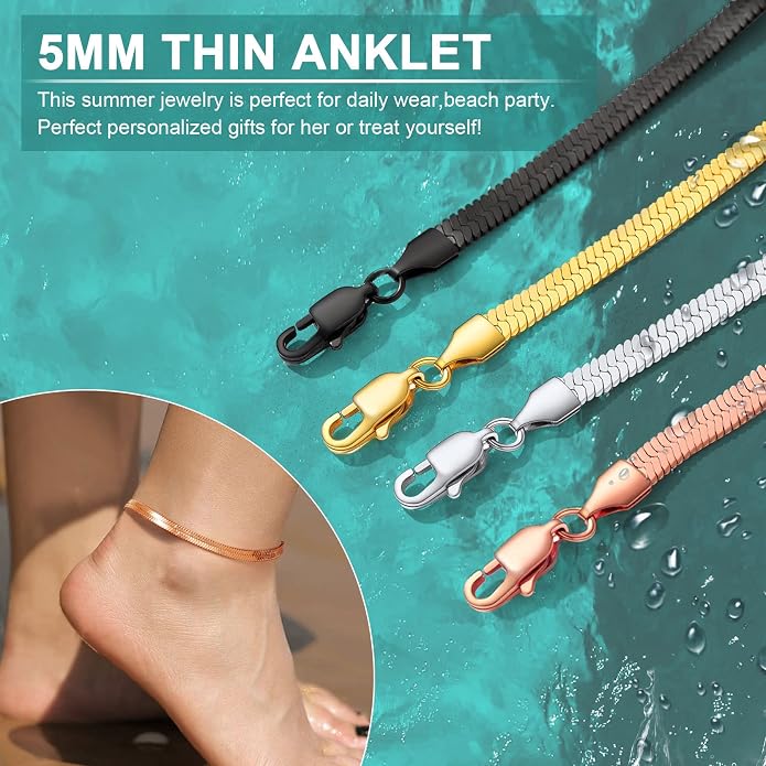 GoldChic Adjustbale Link Chain Anklet for Women Summer Jewelry, 316L Stainless Steel Figaro/Wheat/Twist Rope/Cuban Foot Bracelet-Waterproof, Resizable 9"-12" (Gift Box Included)