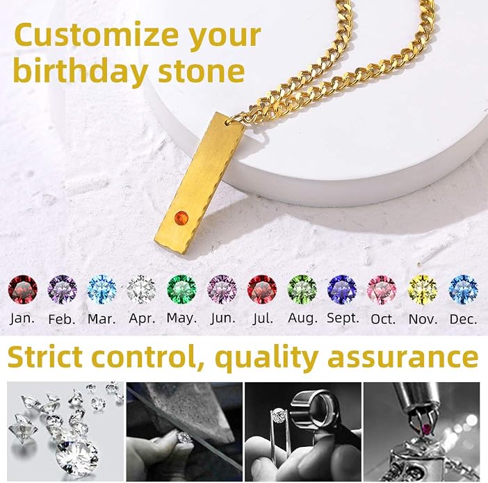 GOLDCHIC JEWELRY Personalized Birthstone Name Necklaces for Men Women, Engraved Family Names Necklace with Birthstone Vertical Bar Necklace, Pendant for Husband/Father/Grandma/Wife Birthday Gifts