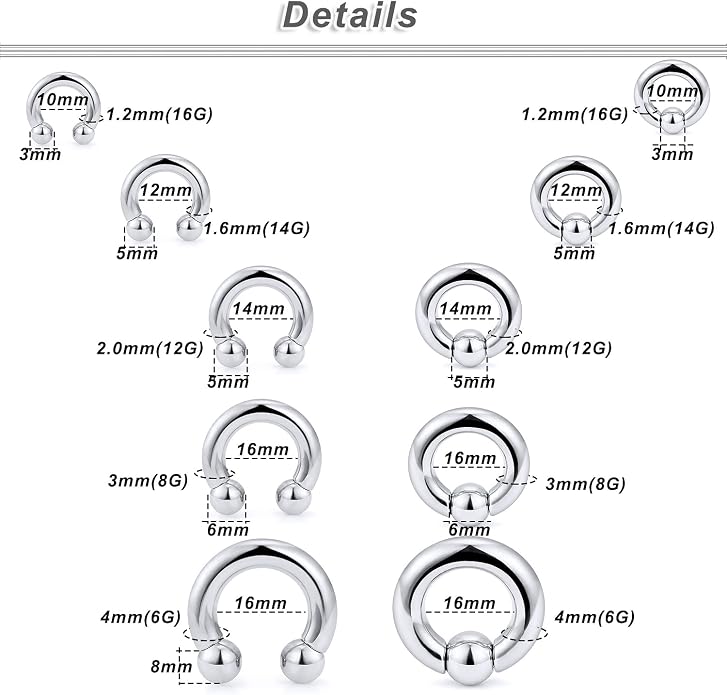 6G 8G 12G 14G 16G PA Ring Horseshoe CBR Circular Barbell 316L Surgical Steel Internally Threaded Pierced Body Jewelry for Women Inner Diameter:10mm 12mm 14mm 16mm