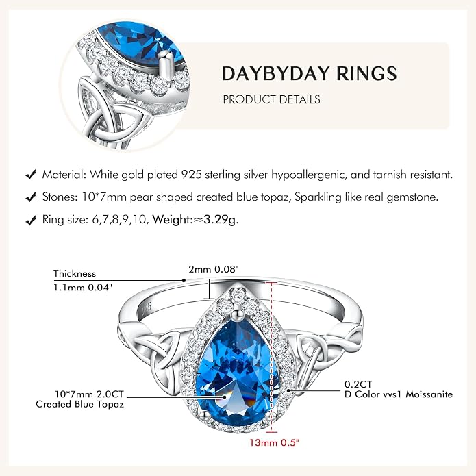 DAYBYDAY Celtic Birthstone Rings for Women 925 Sterling Silver Heart/Round/Pear/Oval Created Gemstone Moissanite Halo Engagement Promise Rings for Her Wife Birthday Anniversary Wedding Jewelry
