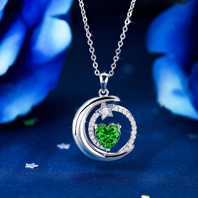 S925 Sterling Silver Birthstone Pendant Necklace Moon Star Necklace Jewelry Gift for Women Anniversary Valentine's day