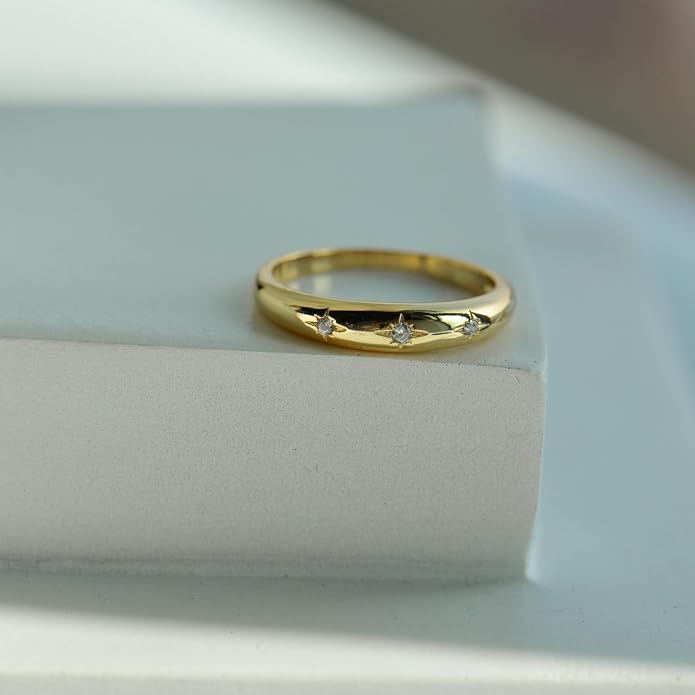 LEMON GRASS Bezel Set Round CZ Thin Dome Ring | Minimalist Stacking Band Signet Ring in Gold