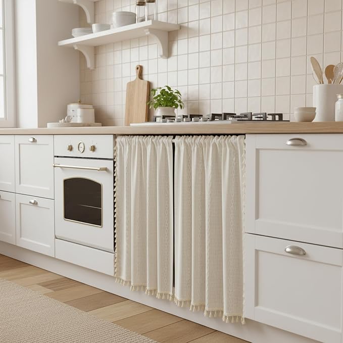 ColorBird Boho Kitchen Cafe Curtains Window Valances Boho Short Curtains & Drapes 36 Inch Length 2 Panels White Light Filtering Embroidered Striped for RV Camper Laundry Room