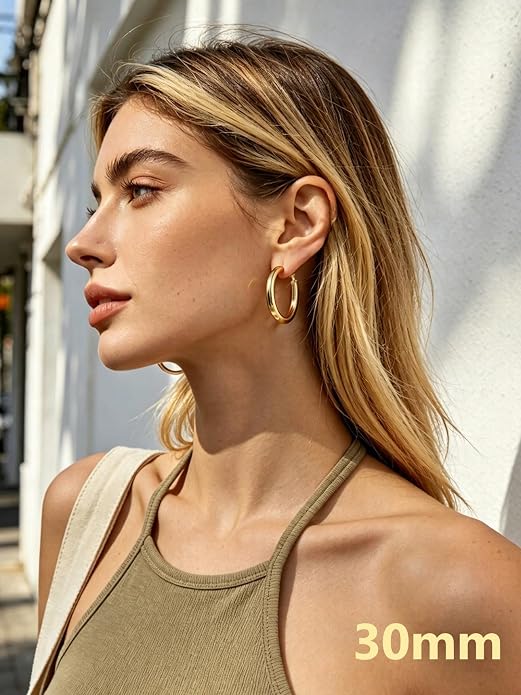 Bestyle 5mm Thick Gold Hoop Earrings Hypoallergenic Hoops for Sensitive Ears Trendy Lightweight Chunky Earrings for Women 30/40/60/80mm