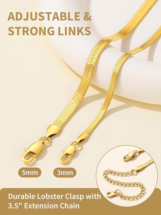 FindChic Black/14K Gold Plated Herringbone Choker Chain Necklace for Women | Waterproof Stainless Steel, Dainty Layering, Flat Snake Chain, Non-Tarnish, Hypoallergenic, Adjustable Extender, Gift Box