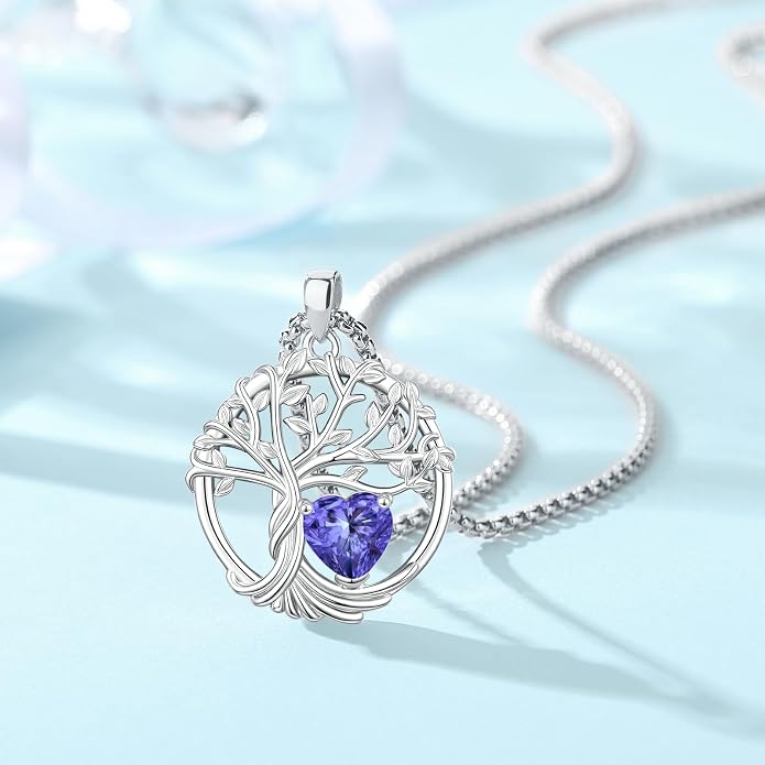Birthstone Tree of Life Necklace for Women Heart Crystal Pendant Silver Plated Birthday Anniversary Jewelry for Wife, Mom, and Her