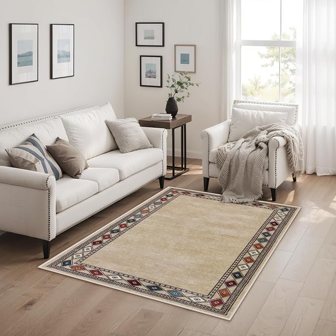 Lahome Modern Bordered Machine Washable Rug, Ultra-Thin Soft 3x5 Rugs for Entryway Bedroom, Non-Slip Stain Resistant Small Carpet for Laundry Entry (3'x 5',Beige)