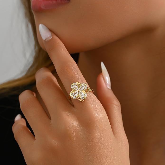 NONAMOIS Gold Rings for Women Evil Eye Flower Open Anti Anxiety Spinner Ring Adjustable Fidget Rings Jewelry Christmas Gifts