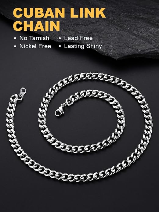 U7 Cuban Link Chain Necklace, Stainless Steel/Black/Gold Plated Chunky Curb Chain Necklace for Men Women, 14-30 Inches, 3/6/9/12 mm Width