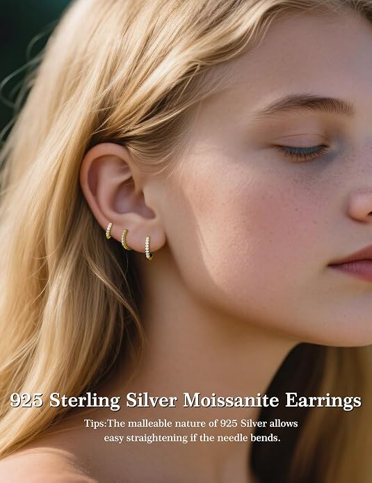 3 Pairs Small Huggie Hoop Moissanite Earrings for Women Men, Hypoallergenic 925 Sterling Silver Cartilage Earrings, Gifts Jewelry Set