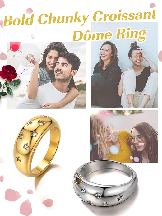 GOLDCHIC JEWELRY Chunky Dome Ring for Women, Stainless Steel Bold Stacking Croissant Statement Ring For Men (Size 7-12, Custom)