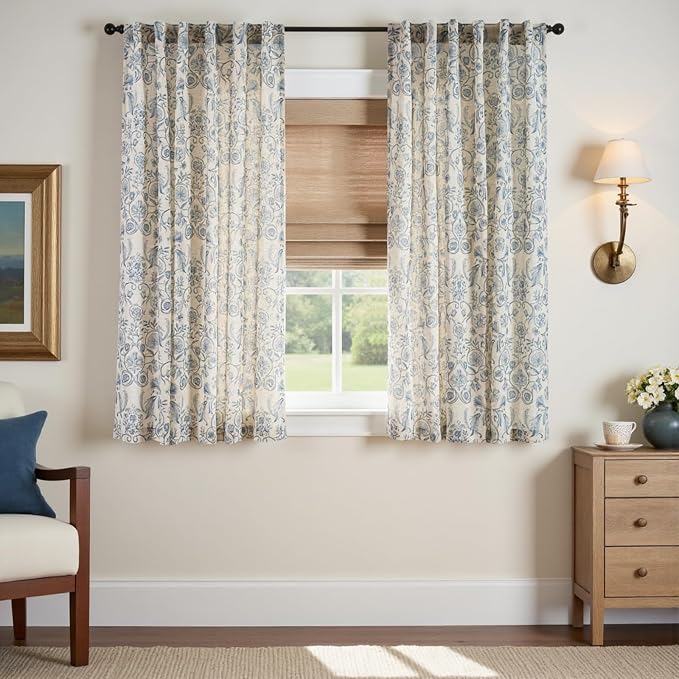 jinchan Linen Floral Curtains for Living Room with Printed Flower 63 Inches Long Light Filtering Farmhouse Window Treatment Vintage Short Drapes Back Tab Rod Pocket 2 Panels Blue on Beige
