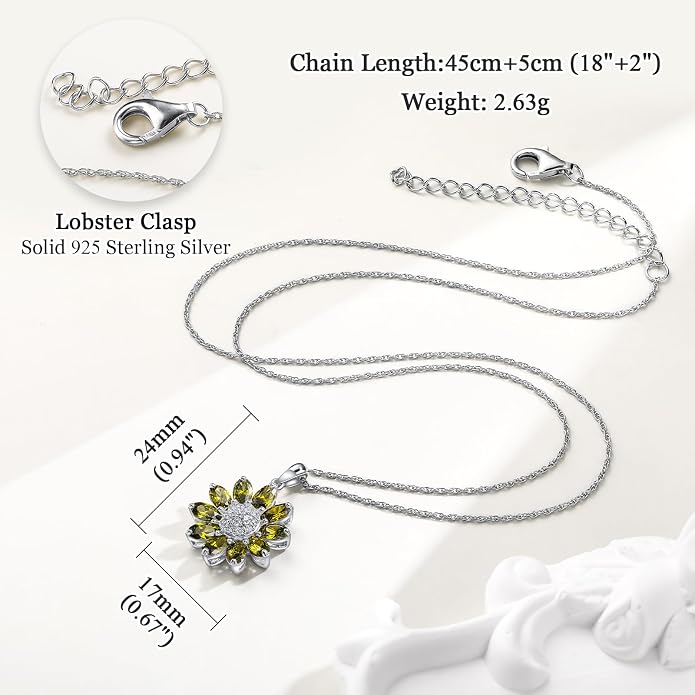 Dainty Sunflower Necklace 925 Sterling Silver Flower Pendant Necklaces for Women Birthstone Anniversary Jewelry