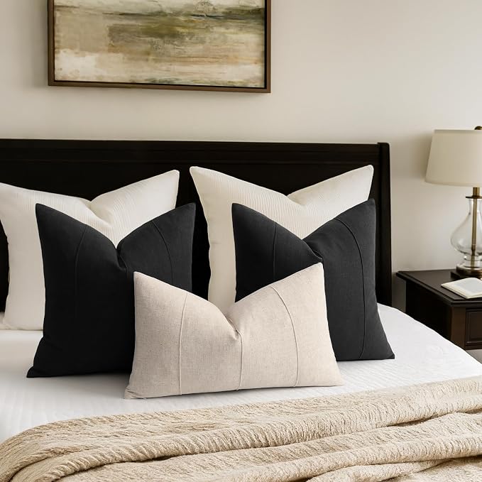 ZWJD Decorative Linen Throw Pillow Covers 22x22 Set of 2 Solid Handcrafted Striped Cushion Covers for Bed Soft Modern Farmhouse Neutral Pillowcase for Couch Bedroom Living Room Home Decor(Black)