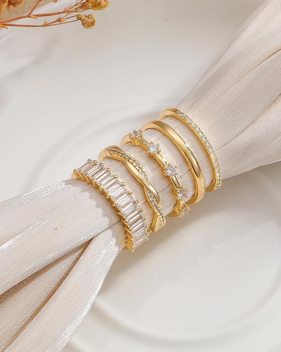 Stackable Silver/Gold Rings for Women Non Tarnish Trendy Dainty 14K Gold Plated Stacking Cubic Zirconia Thumb Ring Set Minimalist Promise Wedding Bands Engagement Rings for Women Size 6-10