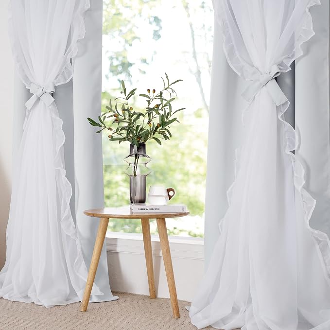 PONY DANCE Shabby Chic Curtains for Bedroom Double Layer Ruffle Sheer Overlay with Tiebacks French Country Drapes for Room Decor, 52" W x 63" L, Greyish White, 2 Pieces