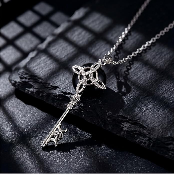 Natural Moonstone Crystal Key Necklace for Women, Retro Triple Moon Key Healing Crystal Wiccan Pagan Jewelry Gift