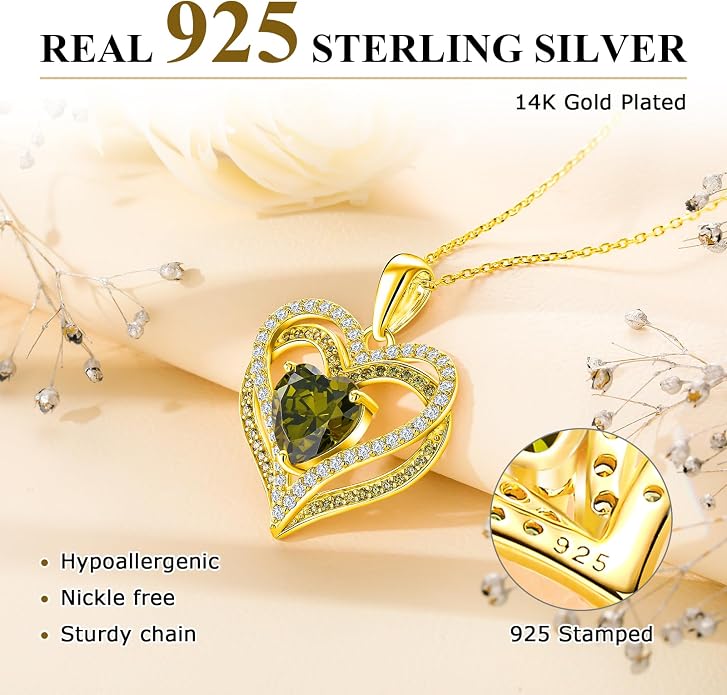 Anniversary Charm Necklace, Sterling Silver 14K Gold Plated Chain with Interlocking Heart Pendant Elegant Birthstone Necklaces for Women, Length 18"