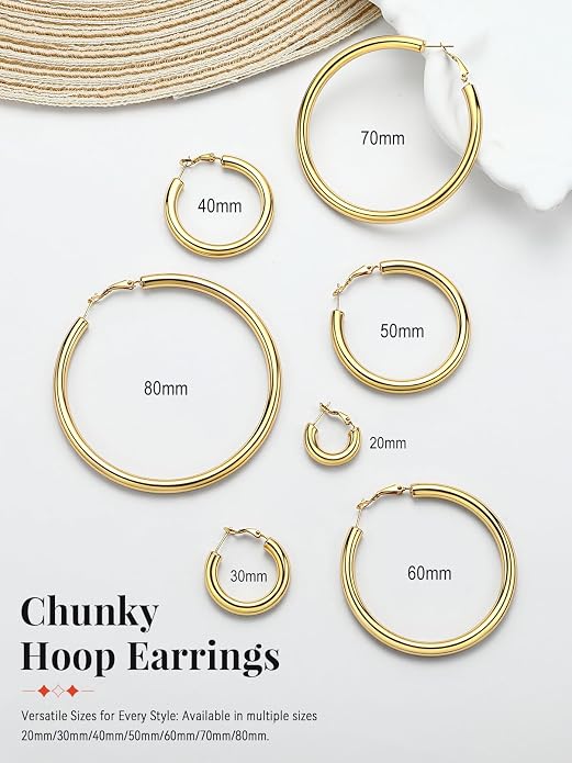 FaithHeart Chunky Hoop Earrings for Women, Silver/Black/14K Gold Plated Stainless Steel Earrings 5mm Thick Hollow Tube Hoops Hypoallergenic Lightweight Earring 20/30/40/50/60/70/80mm