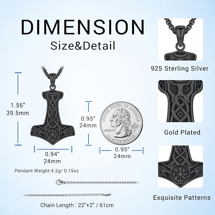 Viking Thor's Hammer Necklace for Men Women, S925 Sterling Silver Vintage Norse Talisman Mjolnir Necklace Amulet Pendant Jewelry Gifts with Sturdy Box Chain