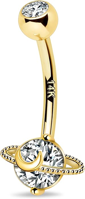 COCHARM 14k Gold Belly Button Rings 14G Saturn Yellow Gold Belly Rings for Women Dainty Belly Piercing Jewelry